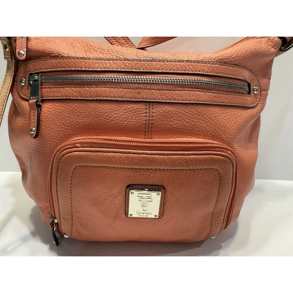Tignanello Womens Hobo Orange Leather Shoulder Handbag Satchel Purse Pockets